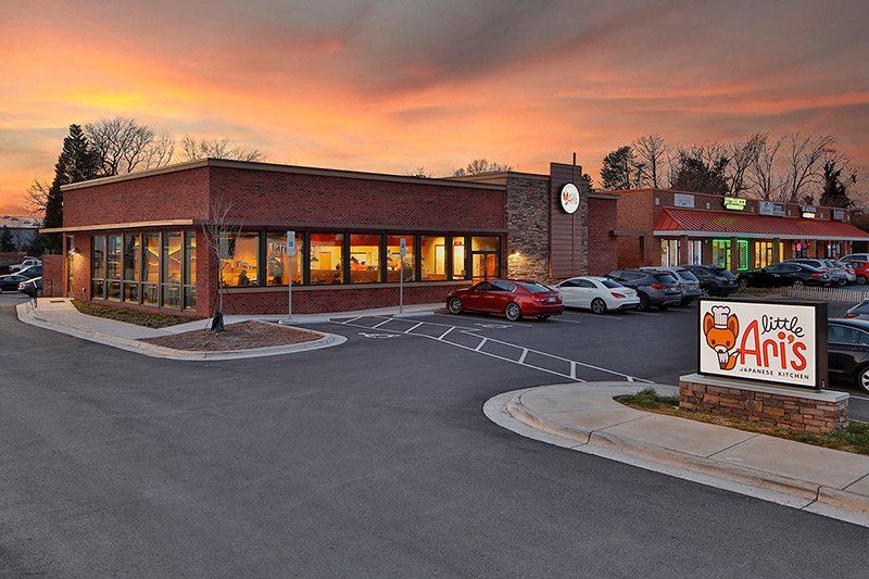 Little Ari's Japanese Kitchen on Spring Garden Street in Greensboro at sunset